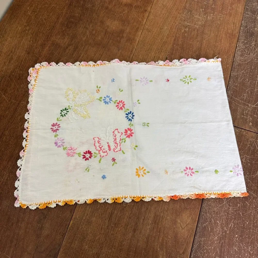 Vintage Hand-Stitched Embroidery Wash Stand Hand towel Floral Wreath Butterflies